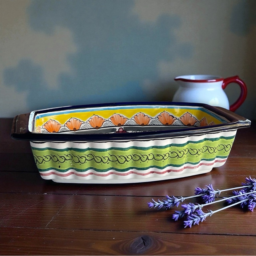 Talavera Pueblo Pottery Mexico Scalloped Oval Tab Handle Casserole Baking Dish